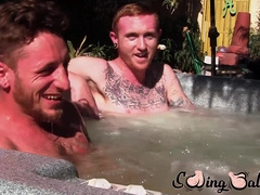 Inked ginger homo leaves jacuzzi to jack off dick with lover