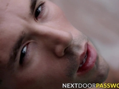 Buffed homosexual man jacks off big cock in the pool