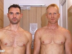 Ripped studs with massive pink shafts in a steamy bathroom scene