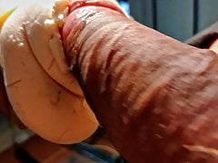 Fucking rubber pussy and stroking my cock and balls