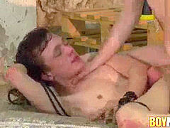 Hung maledom destroys bound twunk with sausage and fake penis
