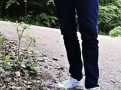 Jerking off cumshot in public