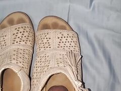 mechanic visit friend place and played with open wedge heels while was showering