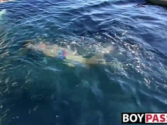 Blond twinky goes for a swim and then strokes his cock