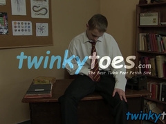 Twink Corey Law strips his uniform and jerks till cum covers his feet