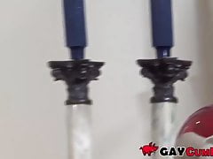 Muscle jock swallows cum after blowjob in naughty threesome