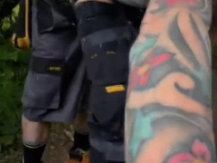 Construction Workmen tear up outdoors and jism