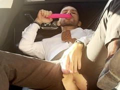 Outside sex, chastity cage, man in suit
