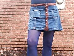 Crossdress outdoors, feeling myself all over in nylon pantyhose and  miniskirt.