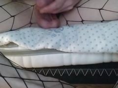 Fishnet femboy wanks big cock and cums