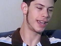 Skinny gay twink smokes while stripping naked and jerking off