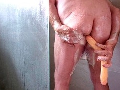 Inexperienced, chubby, old man shower