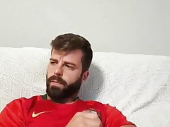 hot bearded guy cums on his football shirt