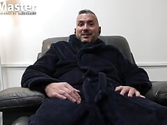 Boyfriend's dad jerks uncut cock in rubber PREVIEW