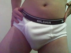 Sexy tease in Gildan tighty whities