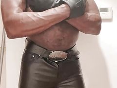 Black Mature Muscle in Leather Fetish Nipple Workout