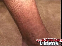 Hairy mature guy pulls out his dick on the sofa and comes