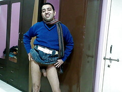 Hot sexy boy in a demim skirt showing his dick.