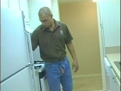 Fellow on kitchen counter gets manmeat deep throated