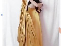 Masturbating and Peeing with Gold Satin Long Nightgown