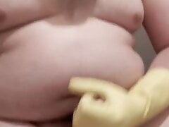 Yellow rubber gloves gasmask masturbate big cumshot