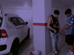 Super hot youngster man deep throats parent's lollipop in the garage