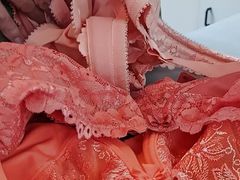 Jerking off and cumshot on my babe her new big tits bra's