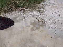 sweeping floor with red tartan skirt