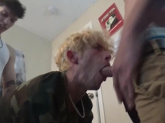 Bleached bllond fellow is taking two dicks like a good guy