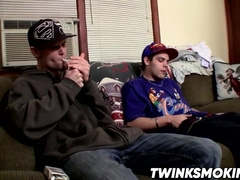 Sexy twinks Drac and Nolan jerking off while smoking cigars