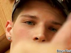 Twink Benz Johanssen masturbates solo after peeing his bed
