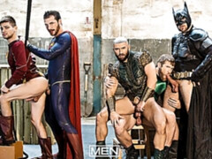 Brandon Cody, Johnny Rapid, and others in a DCEU-themed gay orgy