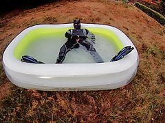 Rufus Pawing off in Wetsuit, Fins and Pool