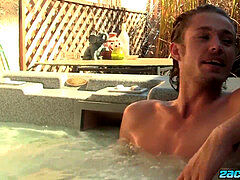 cheery Derrick Dickem tugging off poolside solo