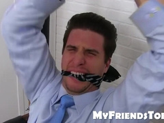 Submissive gay slave toe licked and sucked while tied up