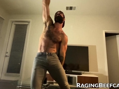 Beefy Jake Nicola strips for Vince Parker and worships his thick cock