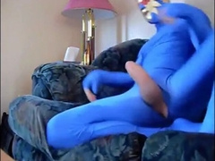 Masked Guy in Blue Zentai Suit Strokes Big Cock3f