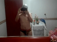 Masturbating off and spunking in Wise USA flag speedos and dressed in goggles/cap