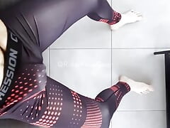 Twink cums all over his skin tight suit.