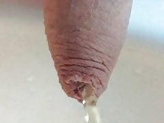 Uncut cock pees through foreskin in slo mo