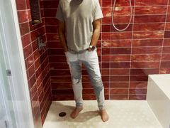 Barefoot in Jeans Pissing Myself and Showing Dick and Ball