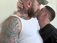 Old mind-blowing daddy with tattoos and ample dick fucked hard his young crystal-eyed stepson in the bathroom