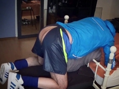 Britt twink in adidas nylon cut-offs receives a stiff faux-cock bang!