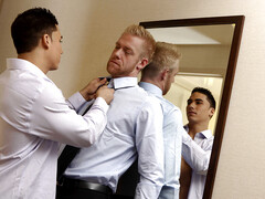 Suited man share hotel room for something unexpected