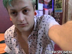 Inked twink strokes his cock and cums in solo homemade video