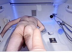 Rear view close up of me riding 9 inch dildo in the shower