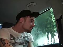 Cute gay hammered in mini van threesome
