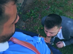 Horny men in elegant suits share restless gay romance