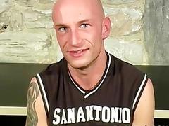 Bald British jock jerking off big cock solo