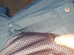 Master Ramon massages, spits and strokes his divine cock in tight silk shorts in the park, very sexy